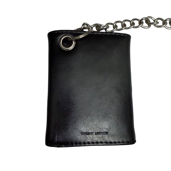 Biker Trifold Black Leather Wallet With Chain & Skull Design - Picture 5 of 9